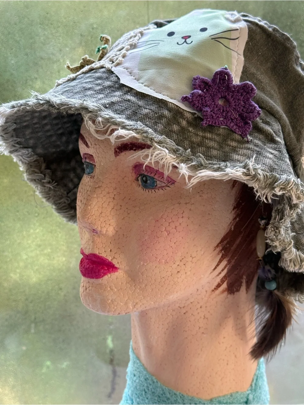 Upcycled Distressed Washed Green Denim Patchwork Bucket Hat OS